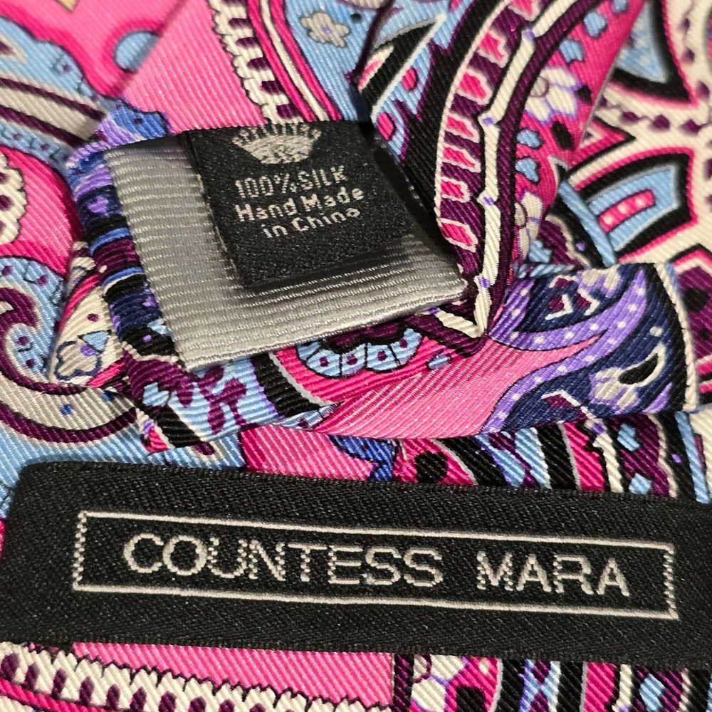 Countess Mara Mens Pink Purple Blue Paisley Silk Tie Hand Made Wide 3.75 Inch - Picture 3 of 4